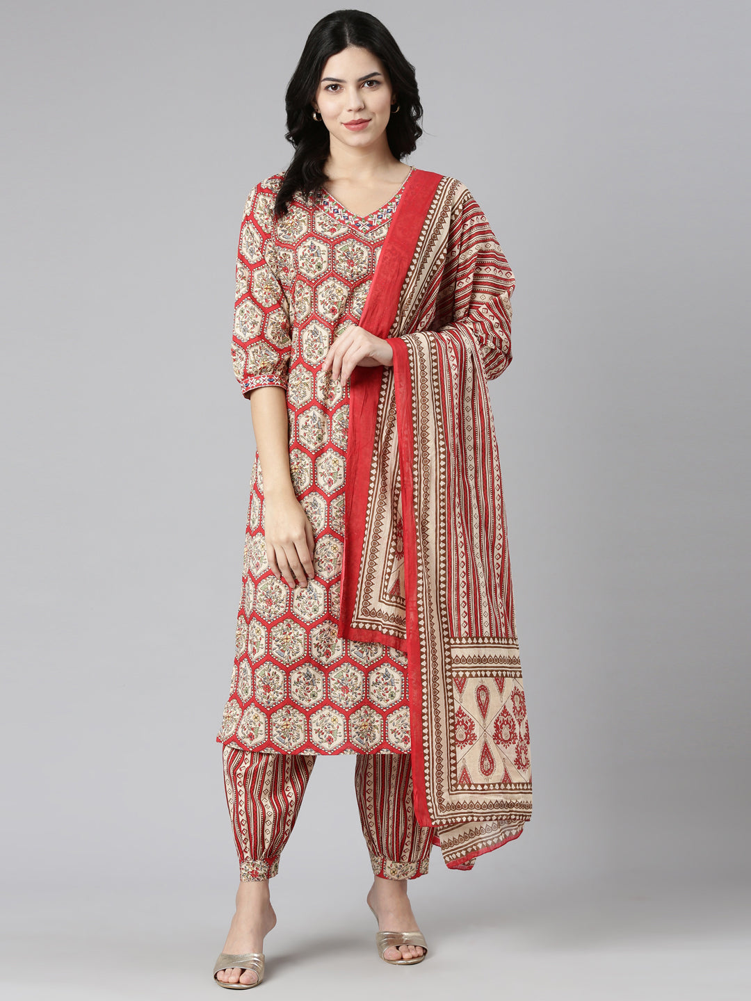 Neeru's Red Regular Straight Printed Kurta And Salwar With Dupatta