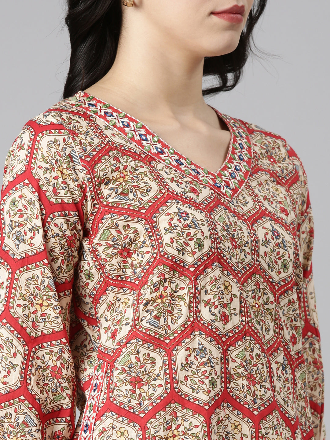 Neeru's Red Regular Straight Printed Kurta And Salwar With Dupatta