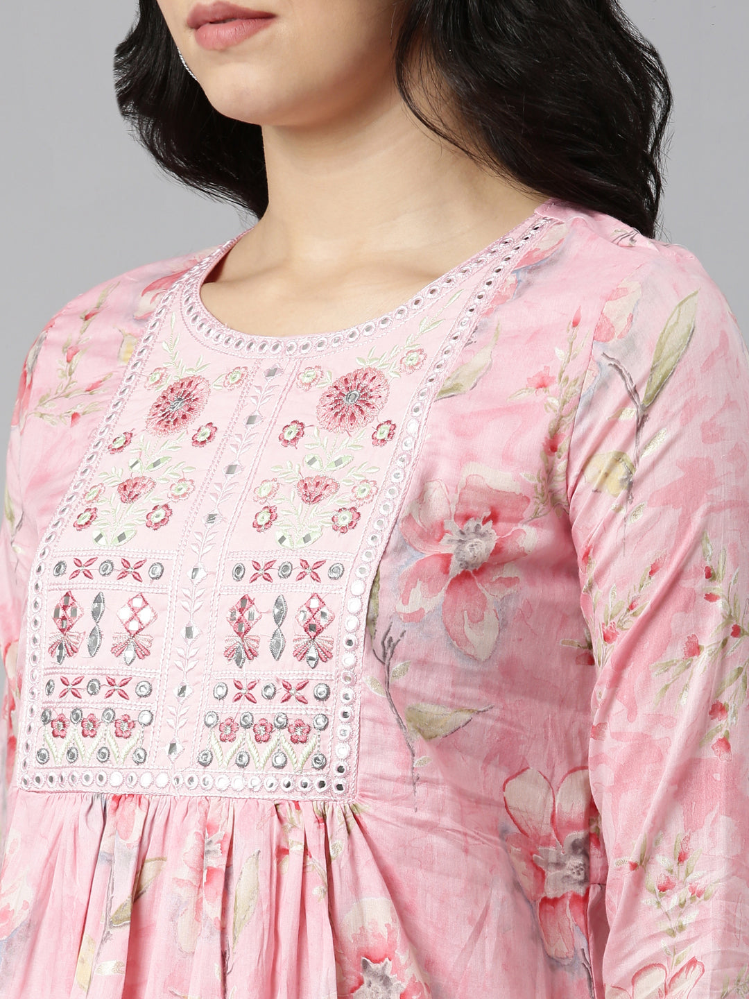 Neeru's Pink Regular Straight Printed Kurta And Trousers With Dupatta