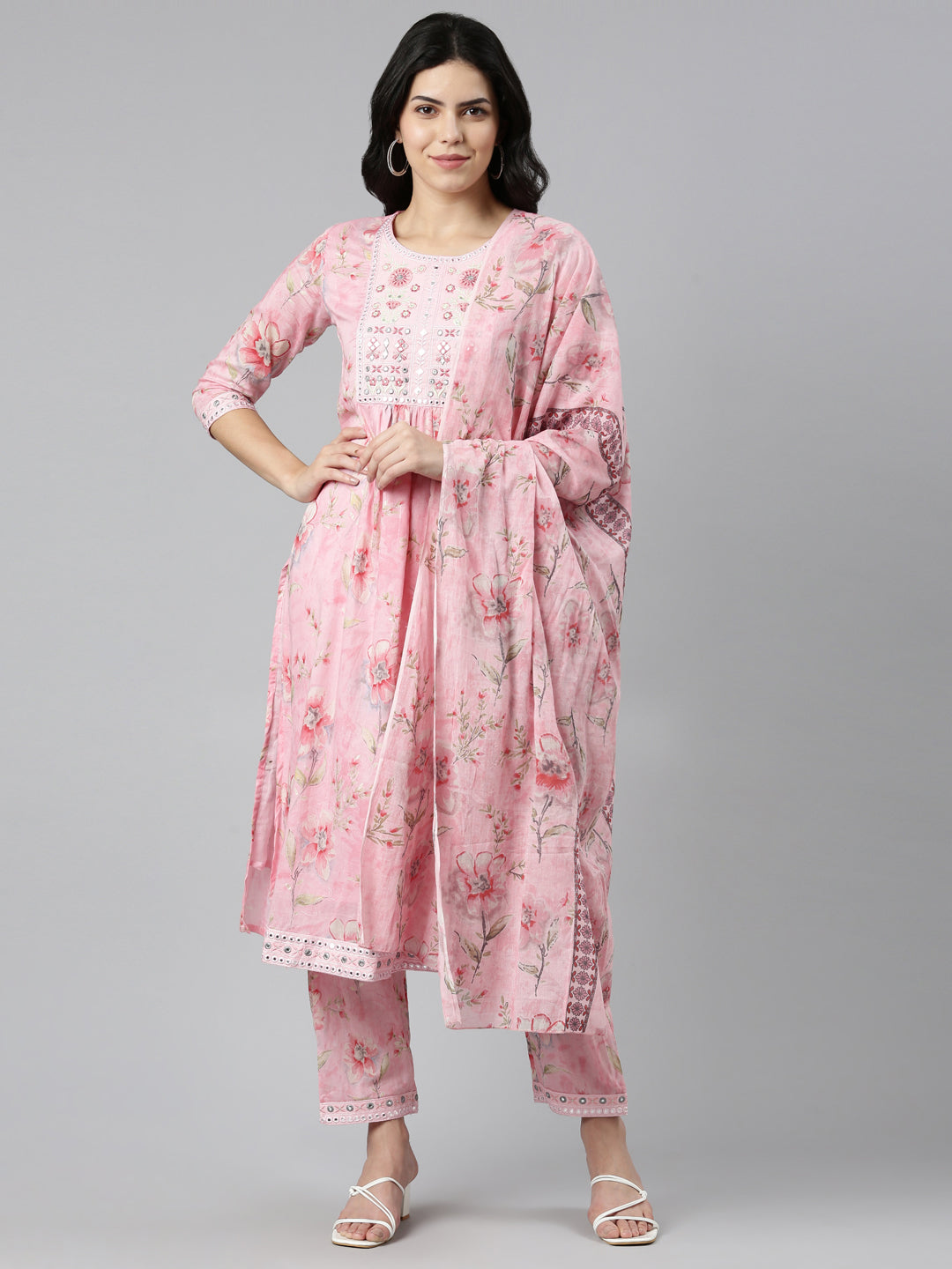 Neeru's Pink Regular Straight Printed Kurta And Trousers With Dupatta