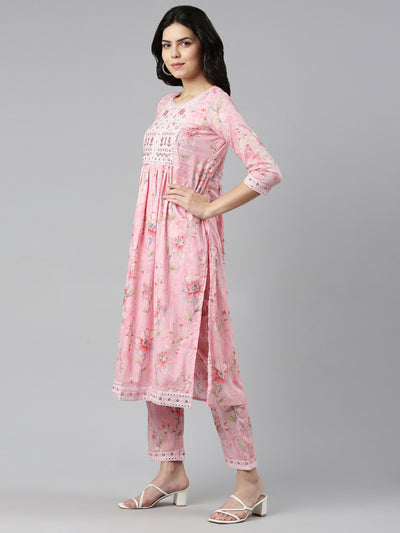 Neeru's Pink Regular Straight Printed Kurta And Trousers With Dupatta