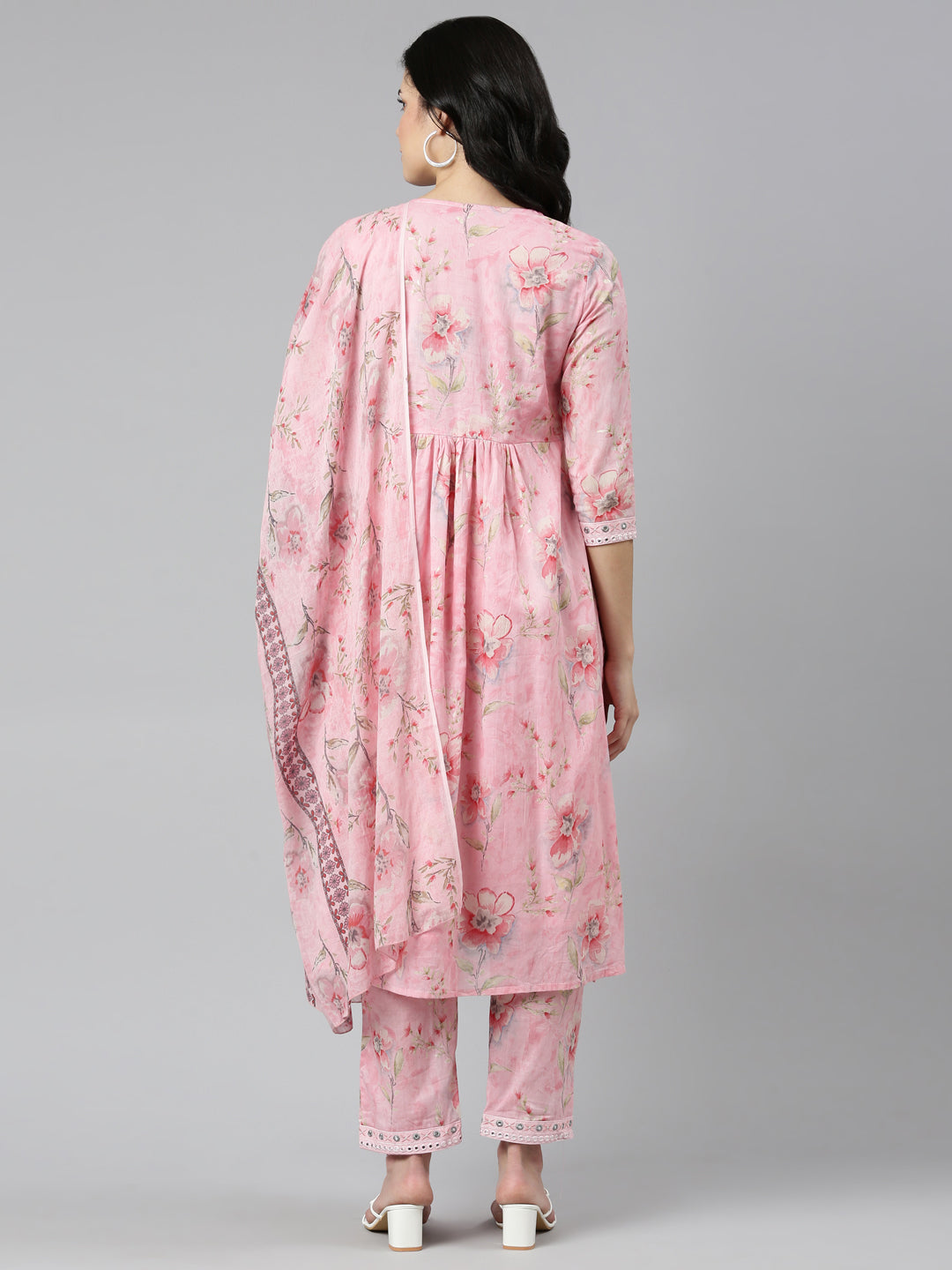 Neeru's Pink Regular Straight Printed Kurta And Trousers With Dupatta