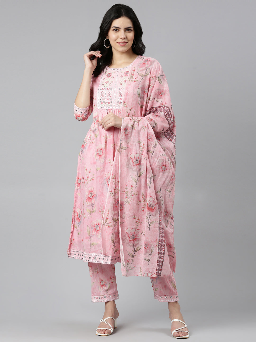 Neeru's Pink Regular Straight Printed Kurta And Trousers With Dupatta