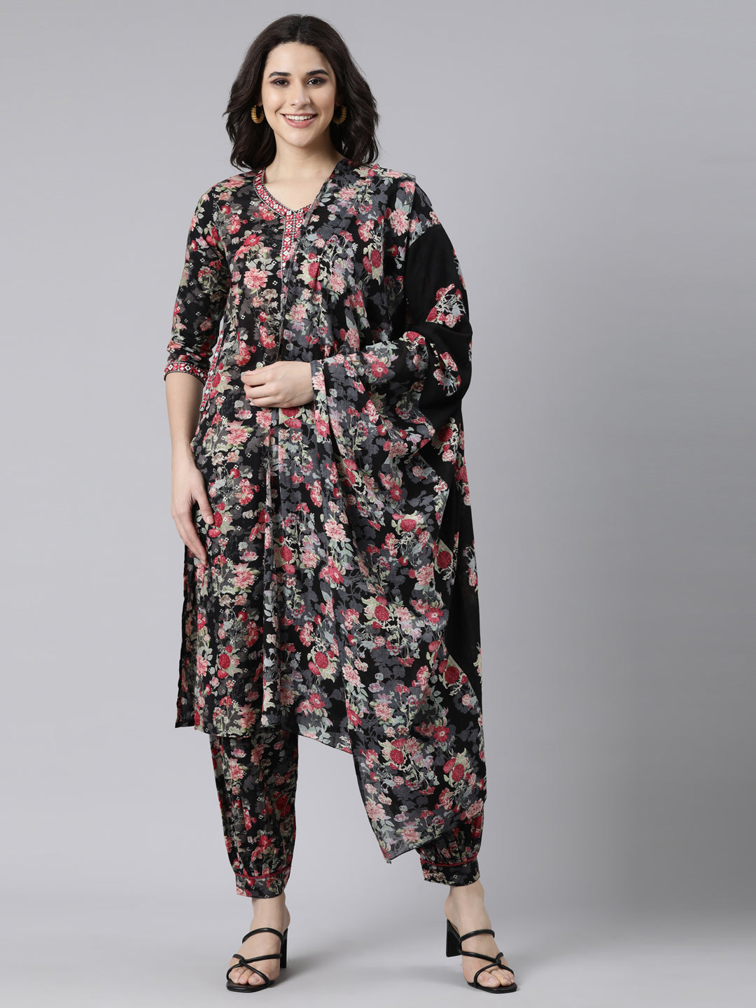 Neerus Black Regular Straight Floral Kurta And  Salwar With Dupatta