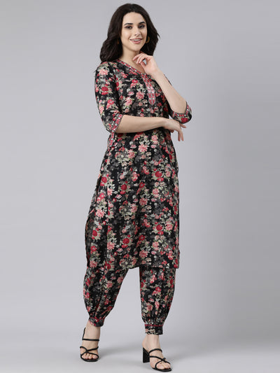 Neerus Black Regular Straight Floral Kurta And  Salwar With Dupatta