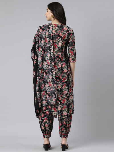 Neerus Black Regular Straight Floral Kurta And  Salwar With Dupatta