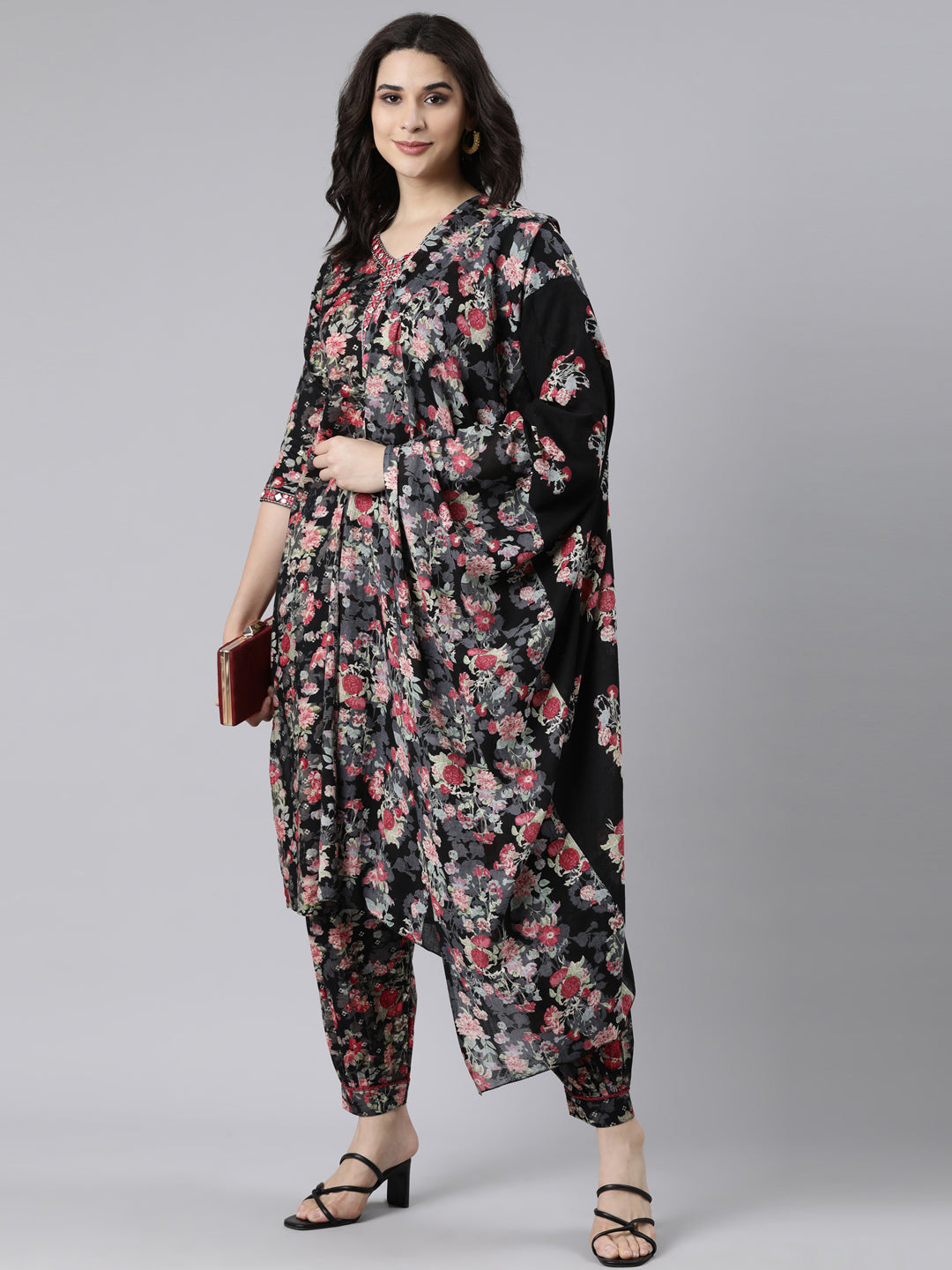 Neerus Black Regular Straight Floral Kurta And  Salwar With Dupatta