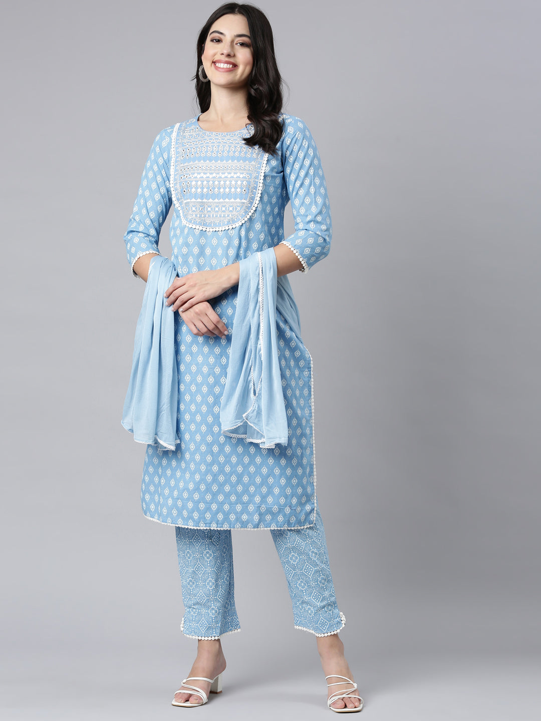 Neerus Blue Regular Straight Floral Kurta And Trousers With Dupatta