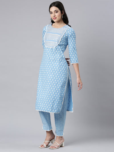 Neerus Blue Regular Straight Floral Kurta And Trousers With Dupatta