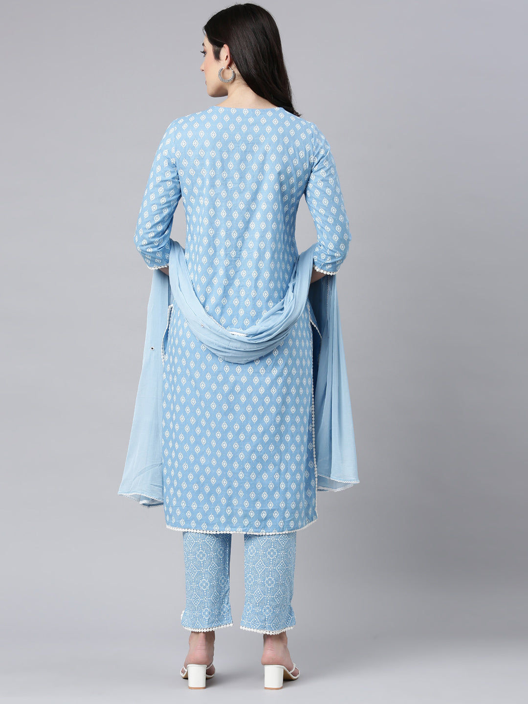 Neerus Blue Regular Straight Floral Kurta And Trousers With Dupatta