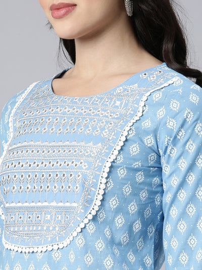 Neerus Blue Regular Straight Floral Kurta And Trousers With Dupatta