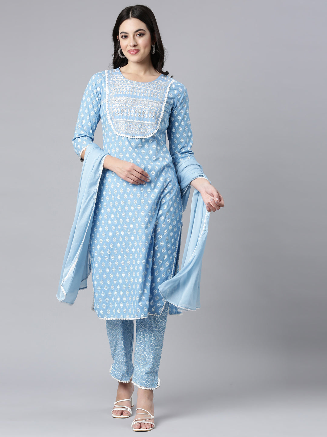 Neerus Blue Regular Straight Floral Kurta And Trousers With Dupatta