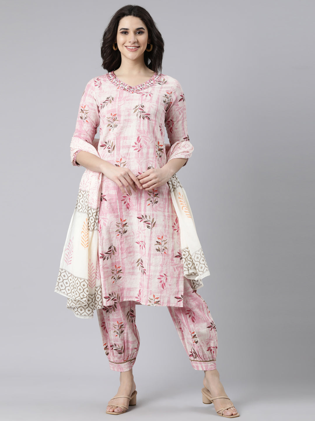 Neerus Pink Regular Straight Floral Kurta And  Salwar With Dupatta