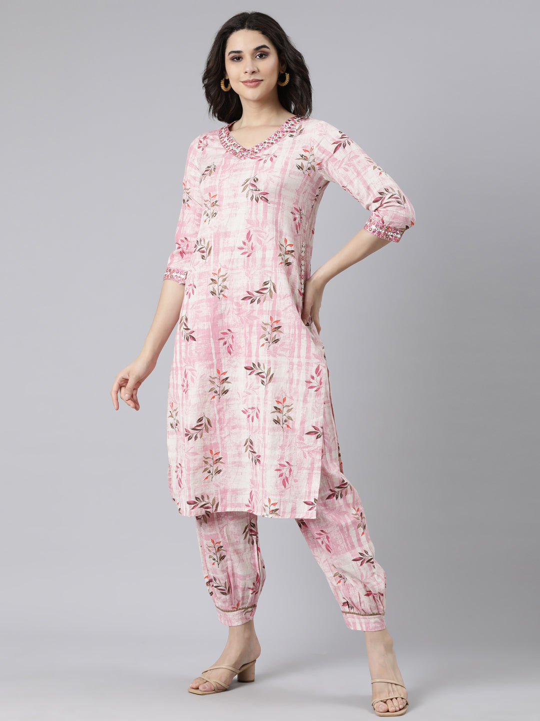 Neerus Pink Regular Straight Floral Kurta And  Salwar With Dupatta