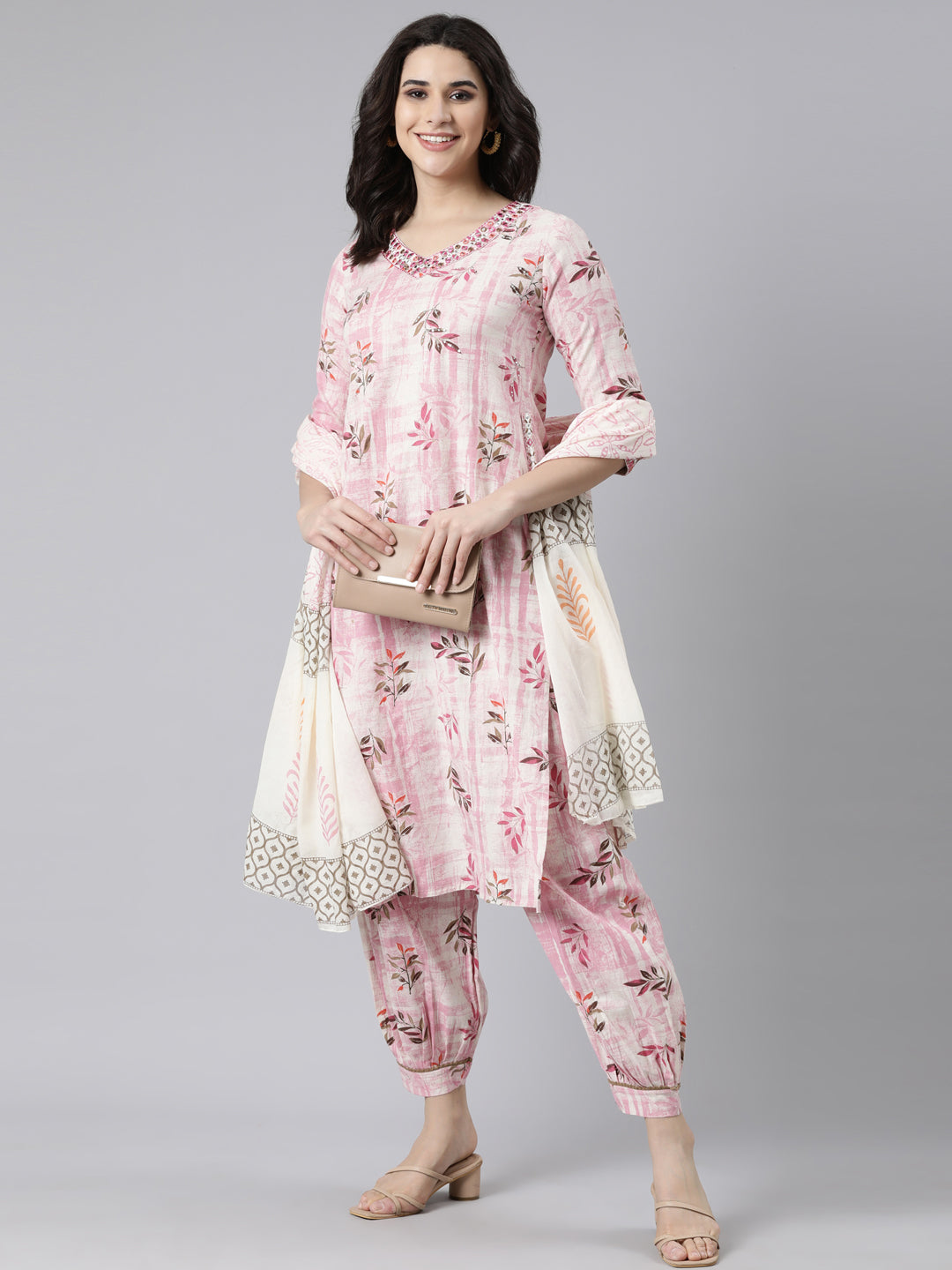 Neerus Pink Regular Straight Floral Kurta And  Salwar With Dupatta