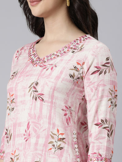 Neerus Pink Regular Straight Floral Kurta And  Salwar With Dupatta