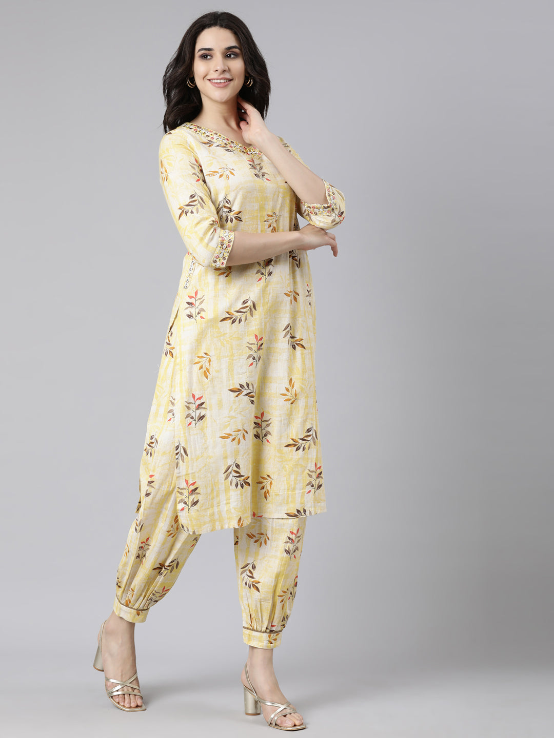 Neerus Yellow Regular Straight Floral Kurta And  Salwar With Dupatta