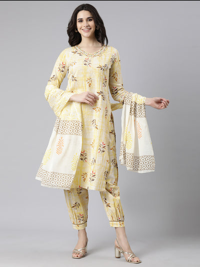 Neerus Yellow Regular Straight Floral Kurta And  Salwar With Dupatta