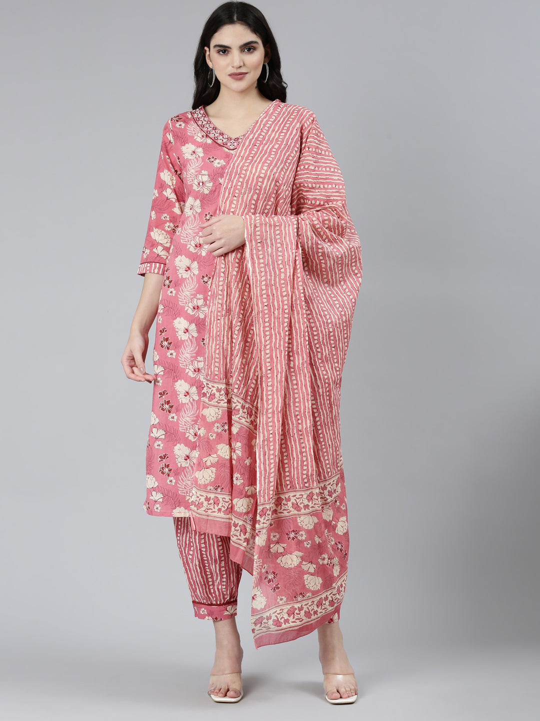 Neeru's Pink Regular Straight Floral Kurta Sets And Salwar With Dupatta