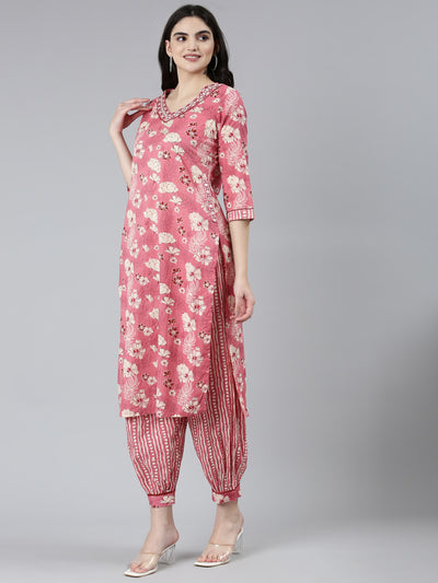 Neeru's Pink Regular Straight Floral Kurta Sets And Salwar With Dupatta