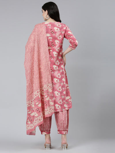 Neeru's Pink Regular Straight Floral Kurta Sets And Salwar With Dupatta