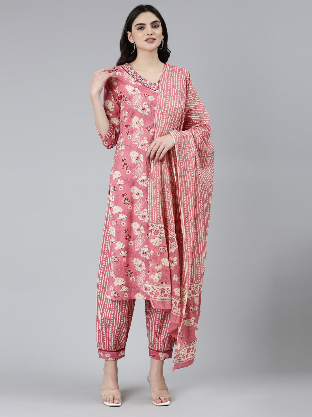 Neeru's Pink Regular Straight Floral Kurta Sets And Salwar With Dupatta