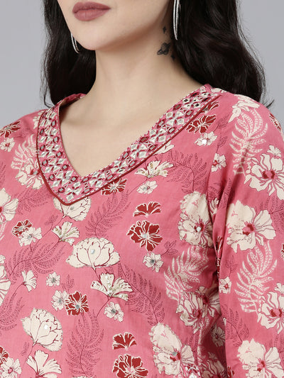 Neeru's Pink Regular Straight Floral Kurta Sets And Salwar With Dupatta