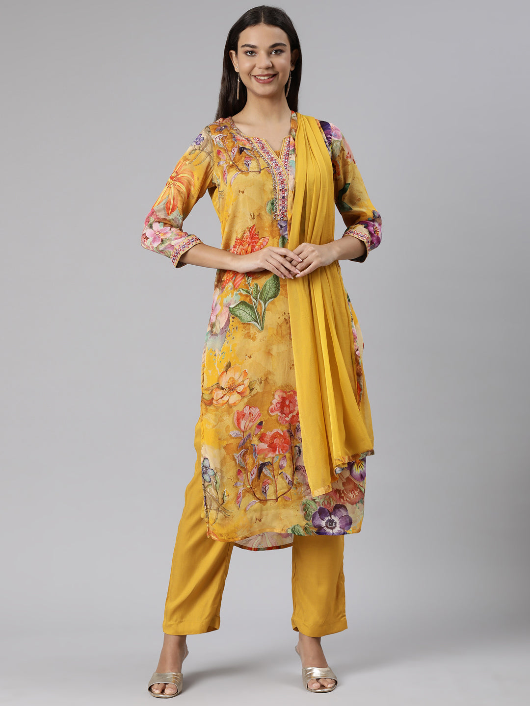 Neeru's Mustard Regular Straight Floral Readymade suits