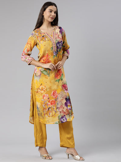 Neeru's Mustard Regular Straight Floral Readymade suits