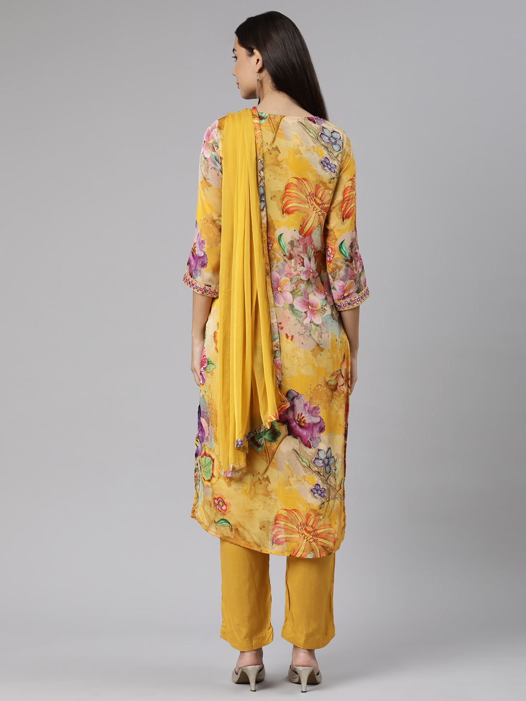 Neeru's Mustard Regular Straight Floral Readymade suits