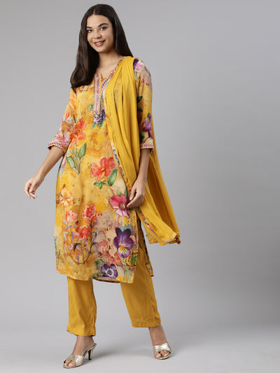 Neeru's Mustard Regular Straight Floral Readymade suits