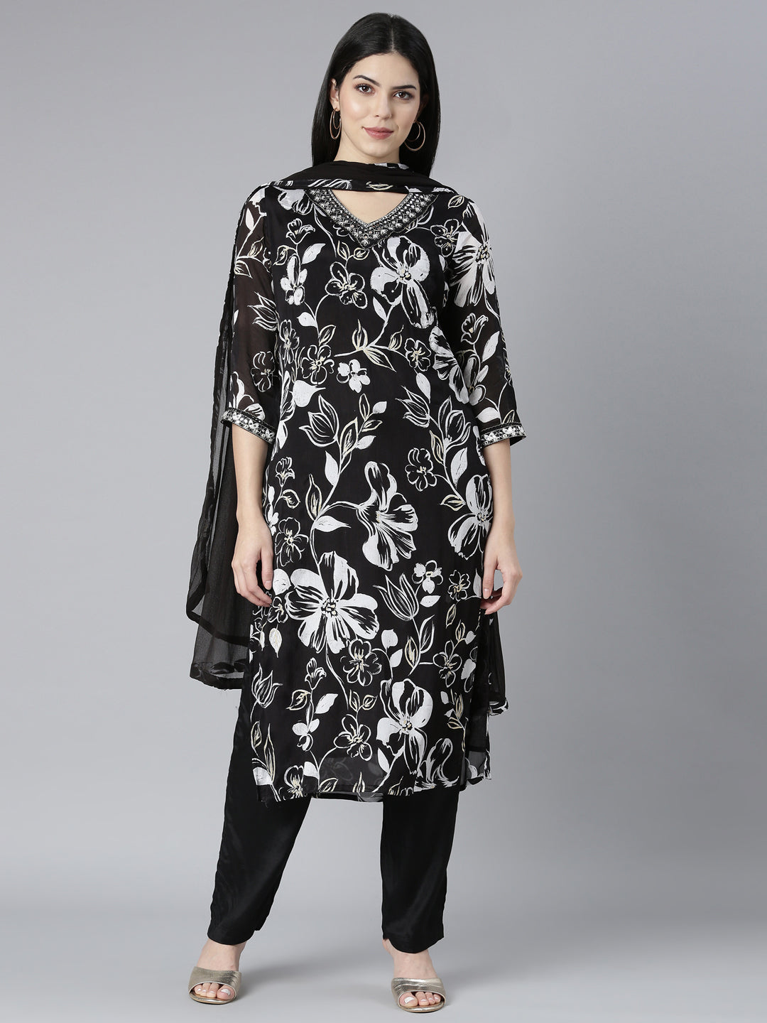 Neerus Black Pleated Straight Floral Kurta And Trousers With Dupatta