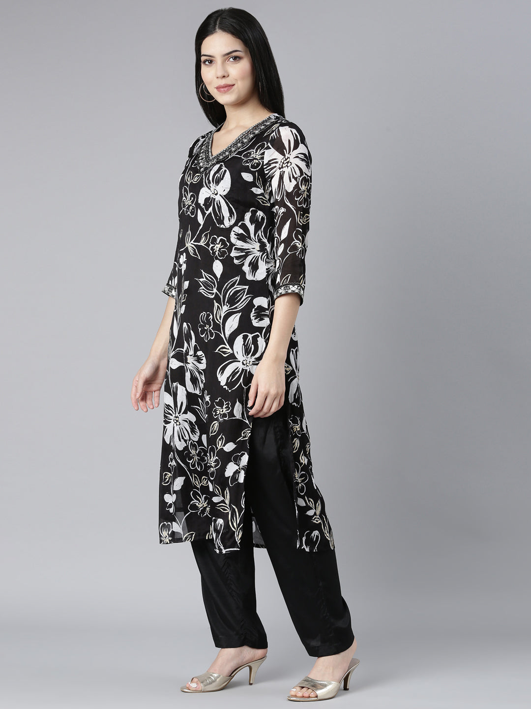 Neerus Black Pleated Straight Floral Kurta And Trousers With Dupatta