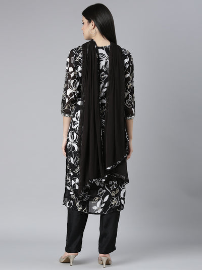 Neerus Black Pleated Straight Floral Kurta And Trousers With Dupatta