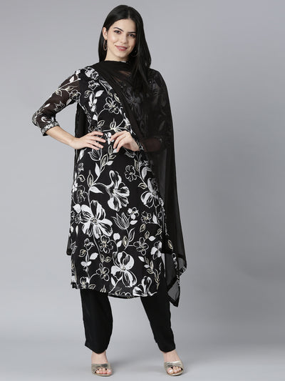 Neerus Black Pleated Straight Floral Kurta And Trousers With Dupatta