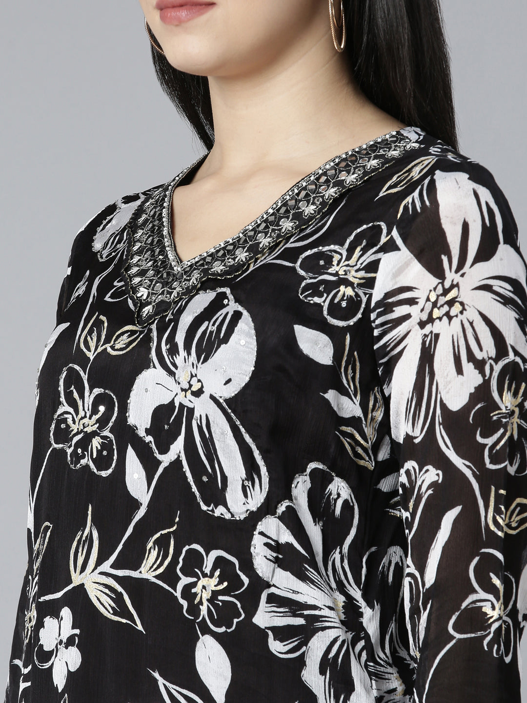 Neerus Black Pleated Straight Floral Kurta And Trousers With Dupatta