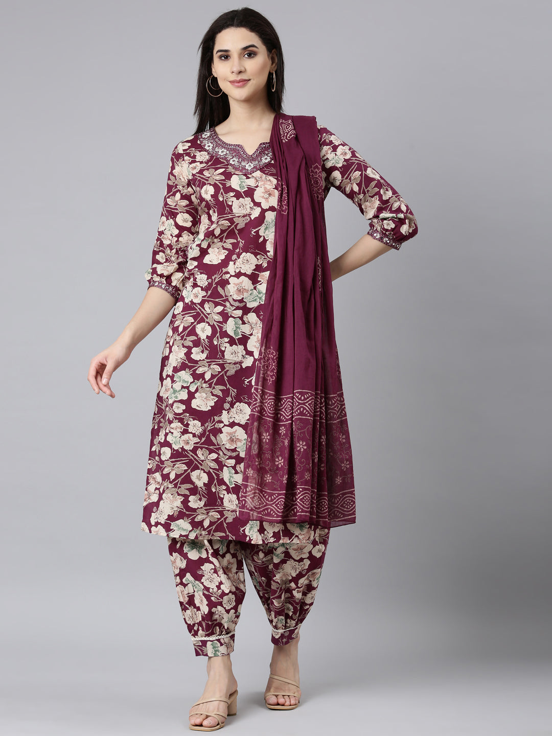 Neerus Purple Regular Straight Floral Kurta And Salwar With Dupatta