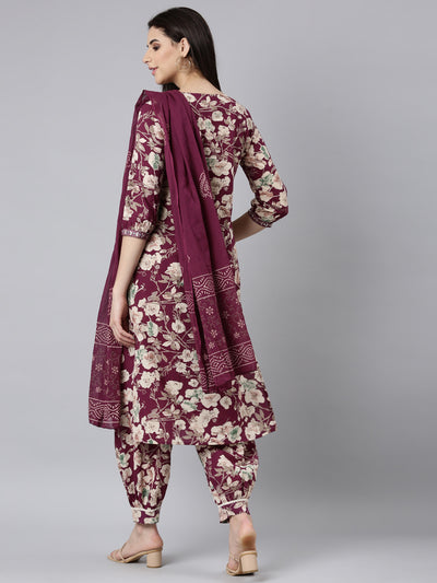 Neerus Purple Regular Straight Floral Kurta And Salwar With Dupatta