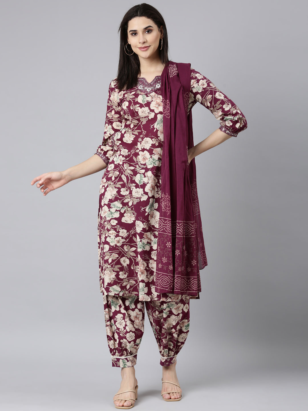 Neerus Purple Regular Straight Floral Kurta And Salwar With Dupatta