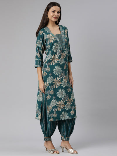 Neeru's Green Regular Straight Floral Kurta And Salwar With Dupatta