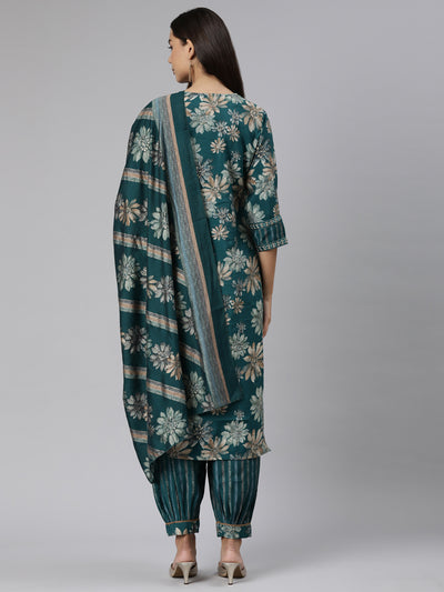 Neeru's Green Regular Straight Floral Kurta And Salwar With Dupatta