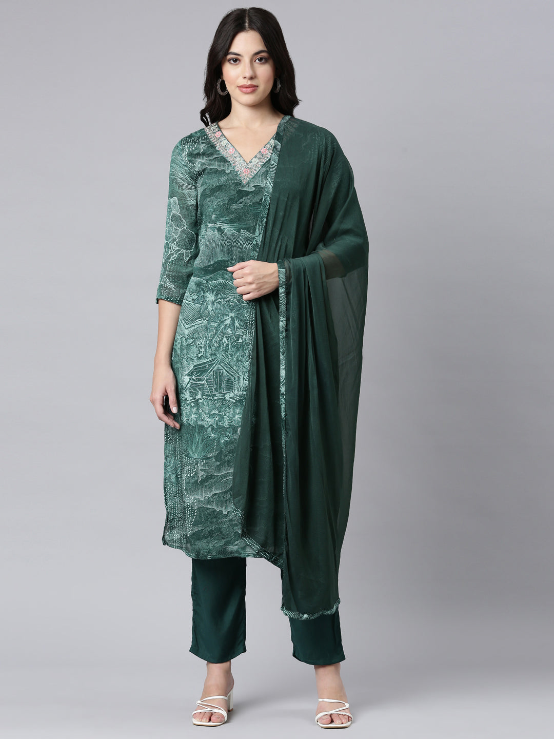 Neerus Green Regular Straight Tribal Kurta And Trousers With Dupatta