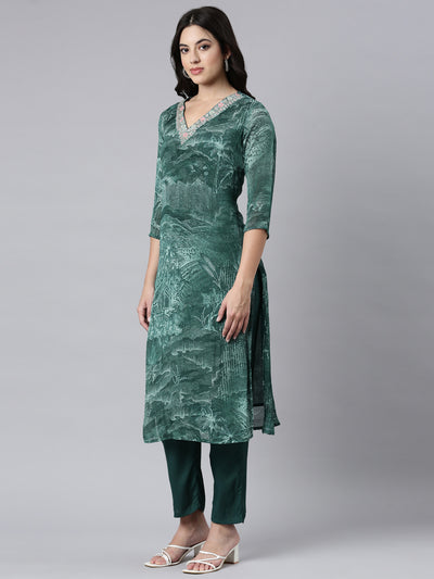 Neerus Green Regular Straight Tribal Kurta And Trousers With Dupatta