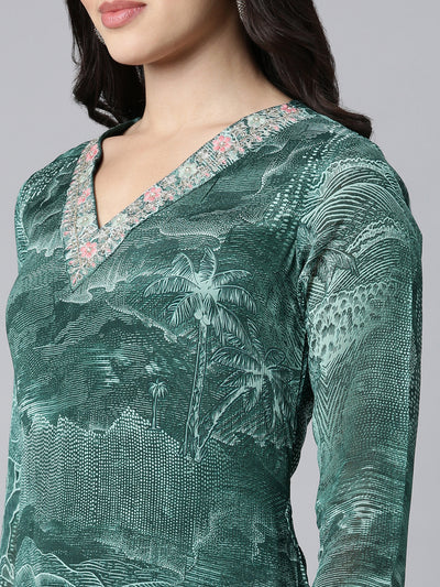 Neerus Green Regular Straight Tribal Kurta And Trousers With Dupatta