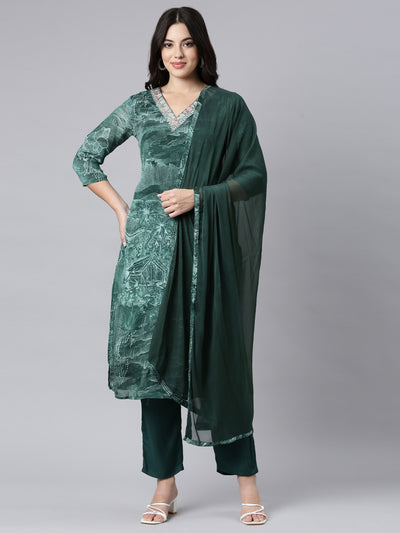 Neerus Green Regular Straight Tribal Kurta And Trousers With Dupatta