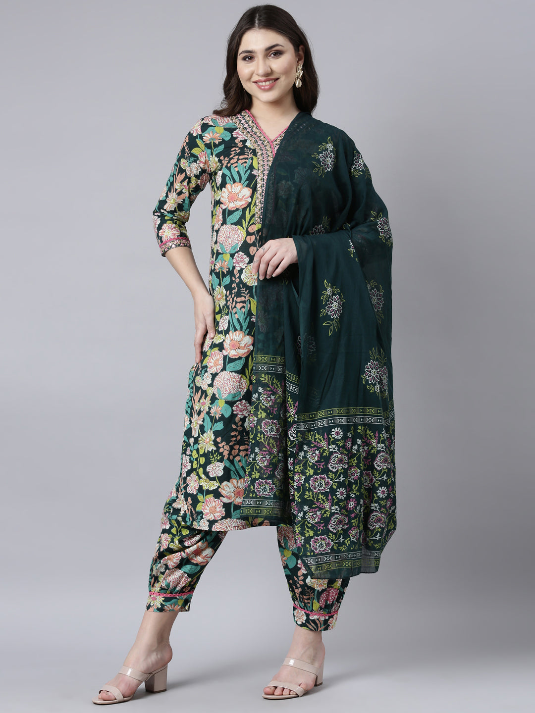 Neerus Green Regular Straight Floral Kurta And Salwar With Dupatta