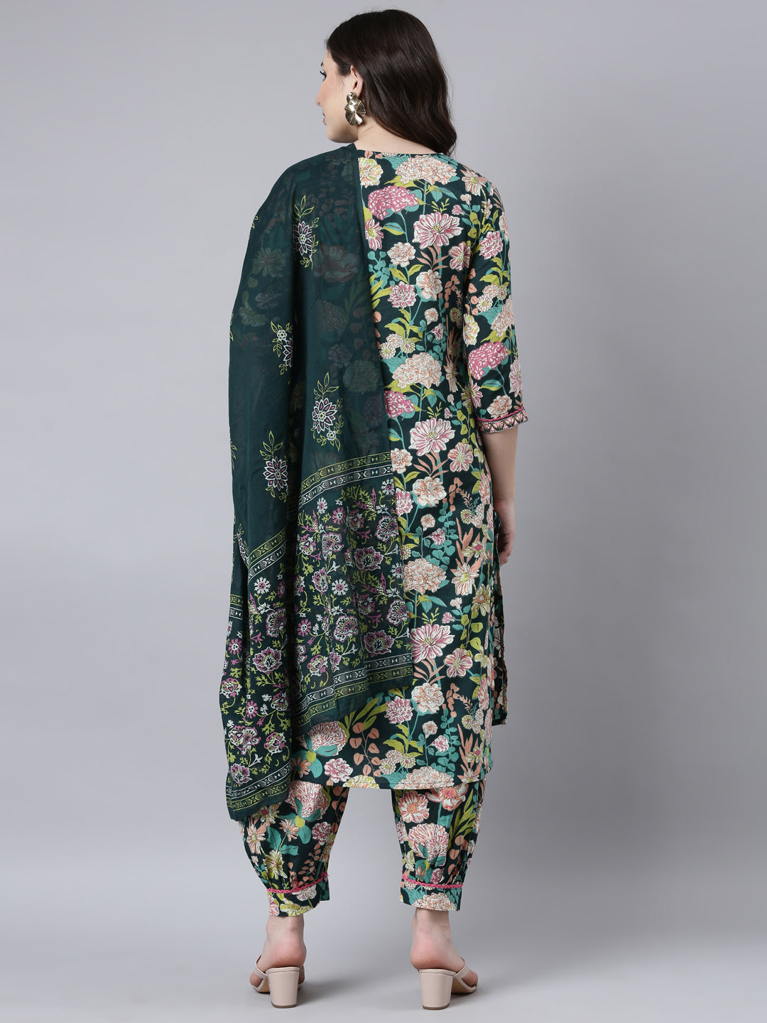 Neerus Green Regular Straight Floral Kurta And Salwar With Dupatta