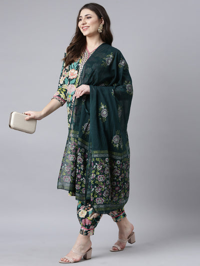 Neerus Green Regular Straight Floral Kurta And Salwar With Dupatta