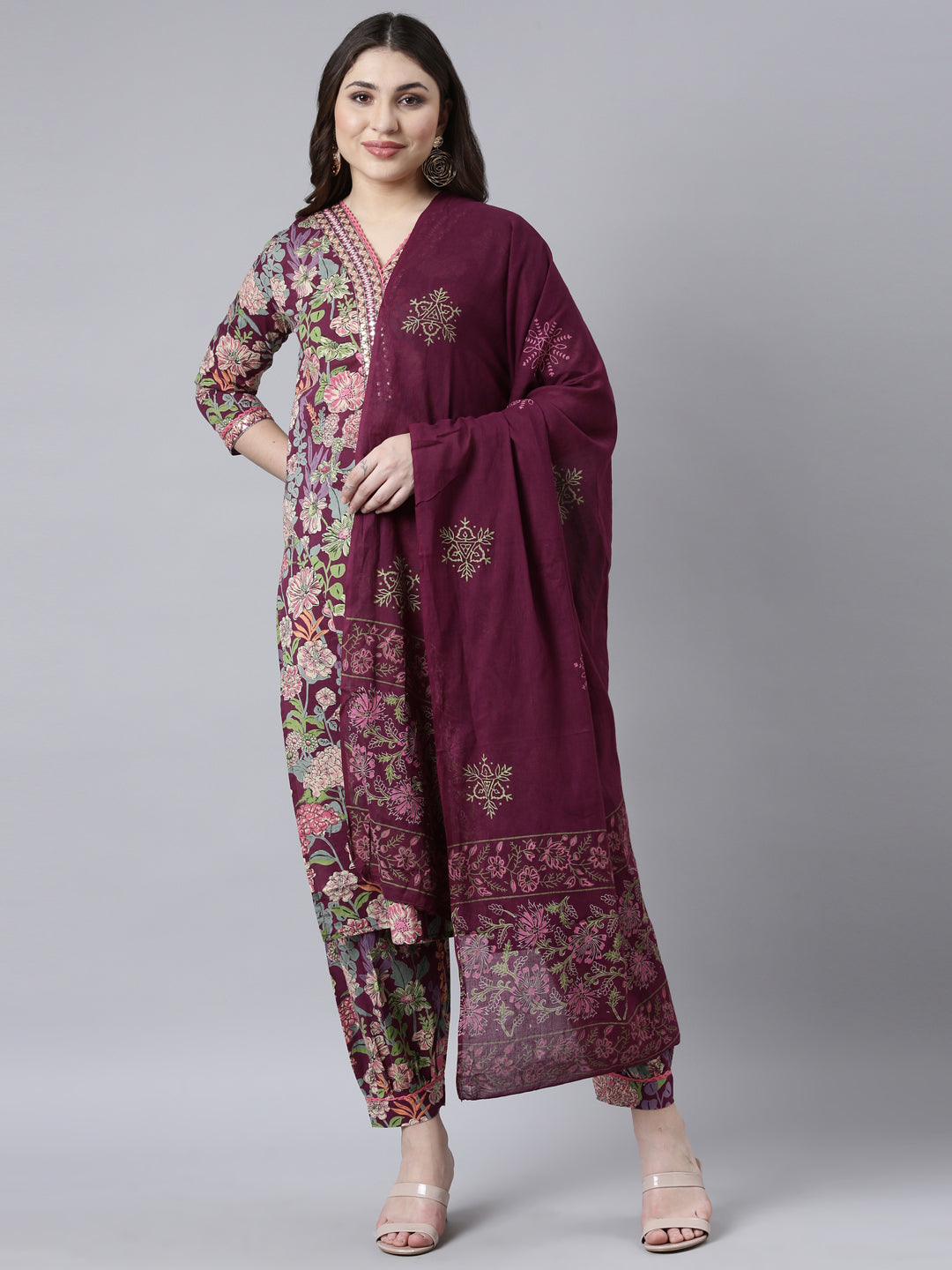 Neerus Purple Regular Straight Floral Kurta And Salwar With Dupatta