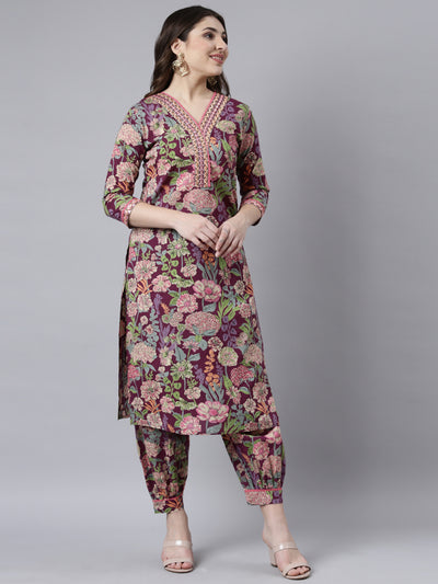 Neerus Purple Regular Straight Floral Kurta And Salwar With Dupatta